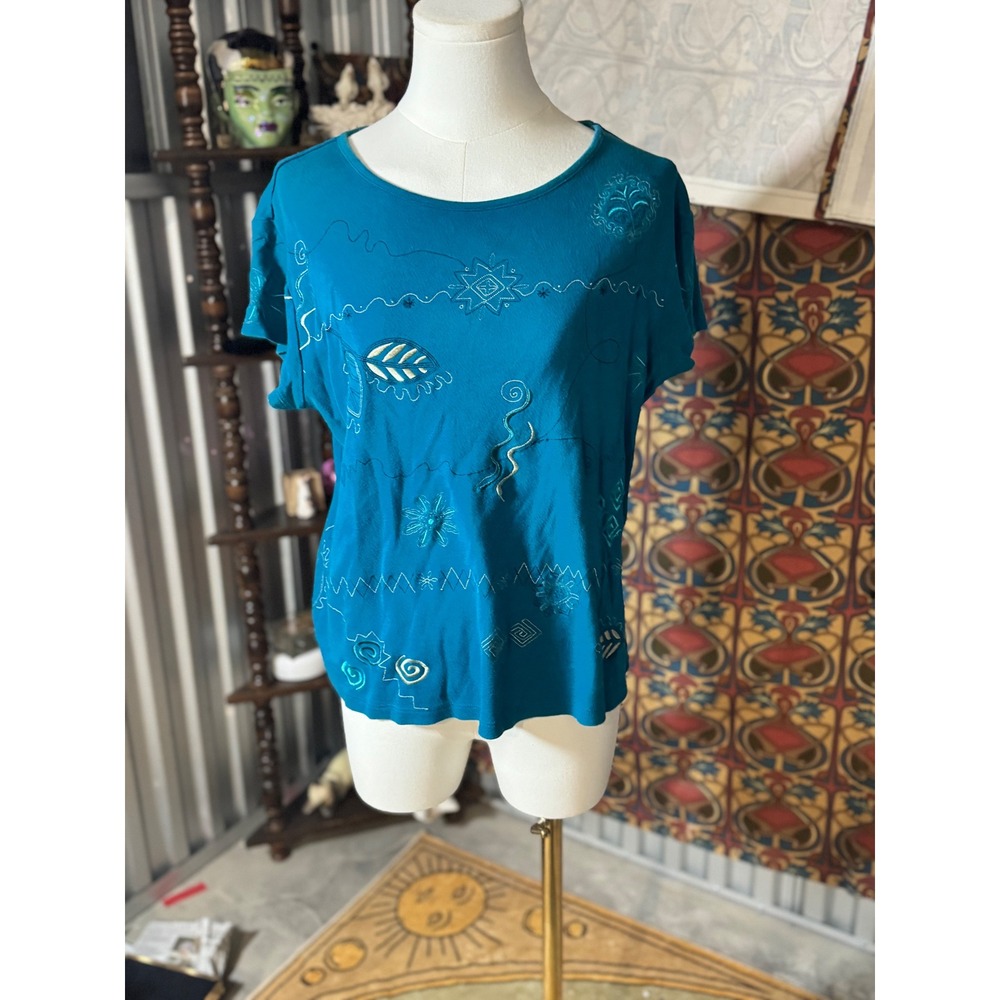 White Stag Women's Top Size L Teal Blue Short Sleeve Graphic Print Casual